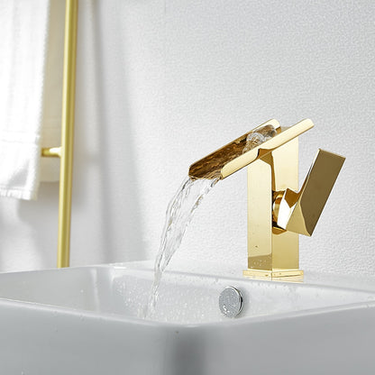 Brushed Gold Waterfall Bathroom Sink Faucet, Modern Single-Hole Single-Handle Faucet