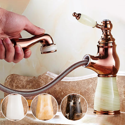 Pull-Out Vintage Single-Hole Bathroom Faucet, Single-Handle Brass Faucet, Rose Gold