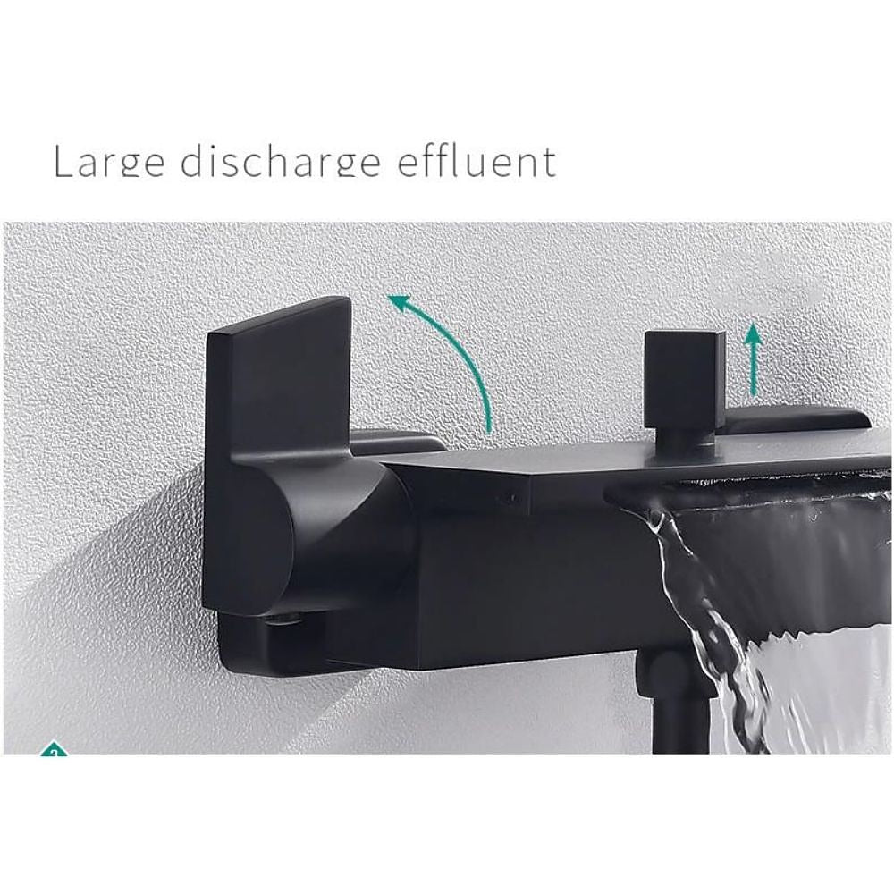 Matte Black Waterfall Wall-Mount Tub Faucet, Double-Handle Brass Bathtub Faucet with Handheld Shower