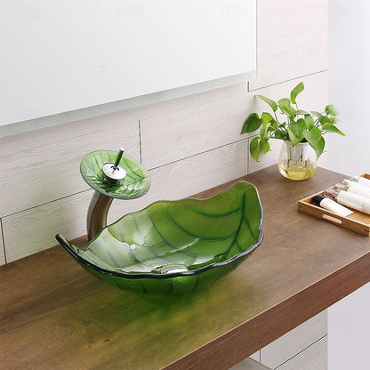 Modern Leaf-Shaped Glass Vessel Sink, Single-Handle Waterfall Spout Faucet Combo with Pop-Up Drain, Multi- / Bronze / Black / Gold