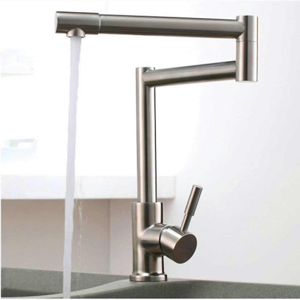 Folding Double-Jointed Brushed Nickel Kitchen Faucet, Single-Handle Stainless Steel Deck Mount Faucet