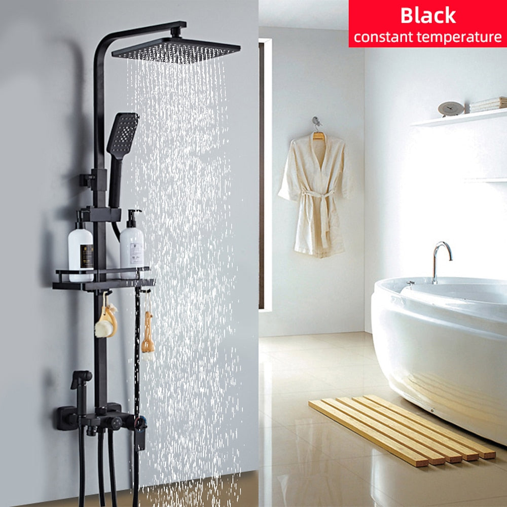 Matte Black Modern Wall-Mounted Shower System, Exposed Rainfall / Handheld Shower System with Bidet Sprayer / Storage Shelf