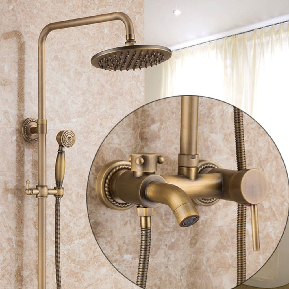 Antique Brass Wall-Mount Shower System, Rainfall Shower Faucet, Single-Handle Tub Filler with Handheld Shower