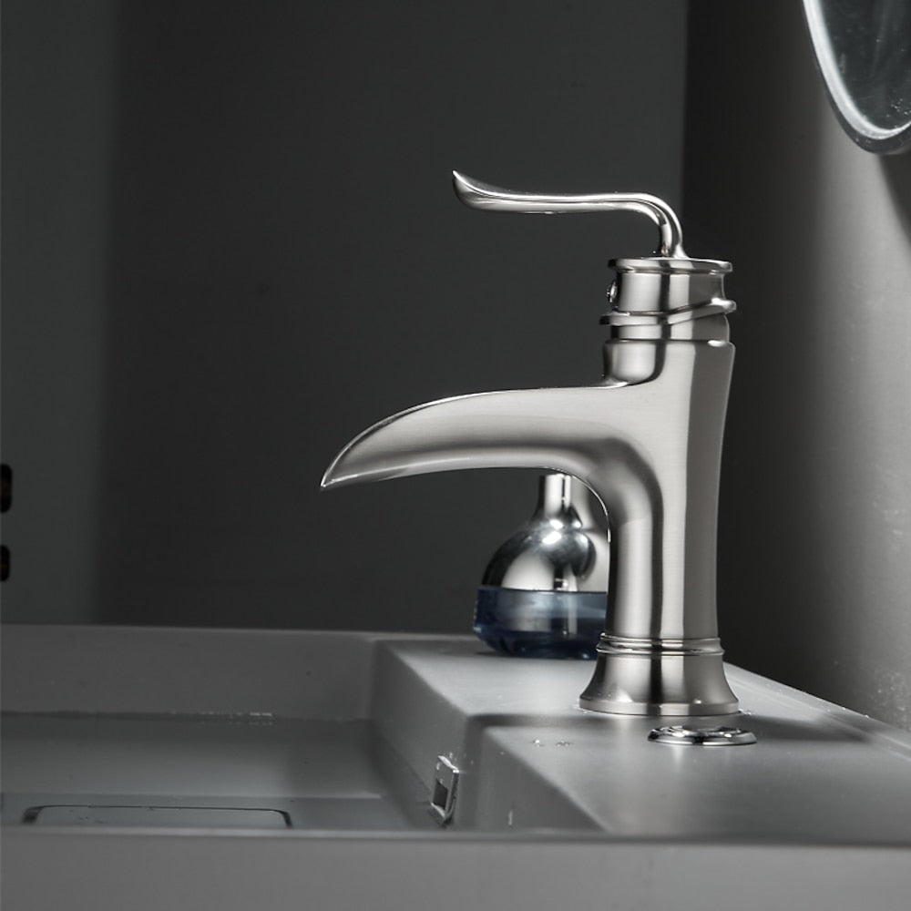 Waterfall Bathroom Faucet, Modern Single-Handle Brass Basin Faucet, Brushed Nickel / Matte Black
