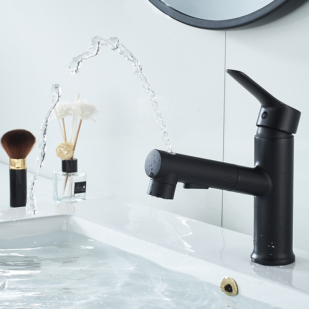 Modern Pull-Out Bathroom Faucet, Single-Handle Fountain Spout Faucet, Matte Black / Chrome