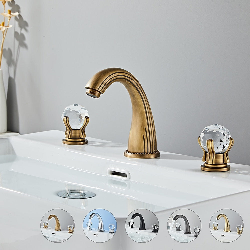 Modern Widespread Bathroom Faucet with Crystal Knob Handles, 3-Hole Double-Handle Brass Basin Mixer Tap, Antique Brass / Brushed Gold / Chrome / Matte Black / Rose Gold / Gunmetal / PVD