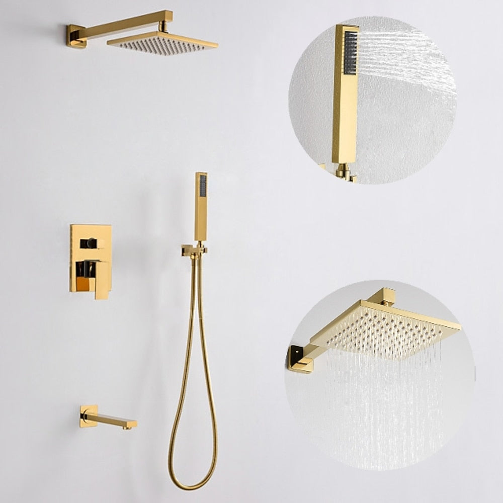 Brushed Gold Wall-Mounted Rainfall Shower System, Modern Single-Handle Tub Shower Faucet with Handheld Shower, Tub Spout