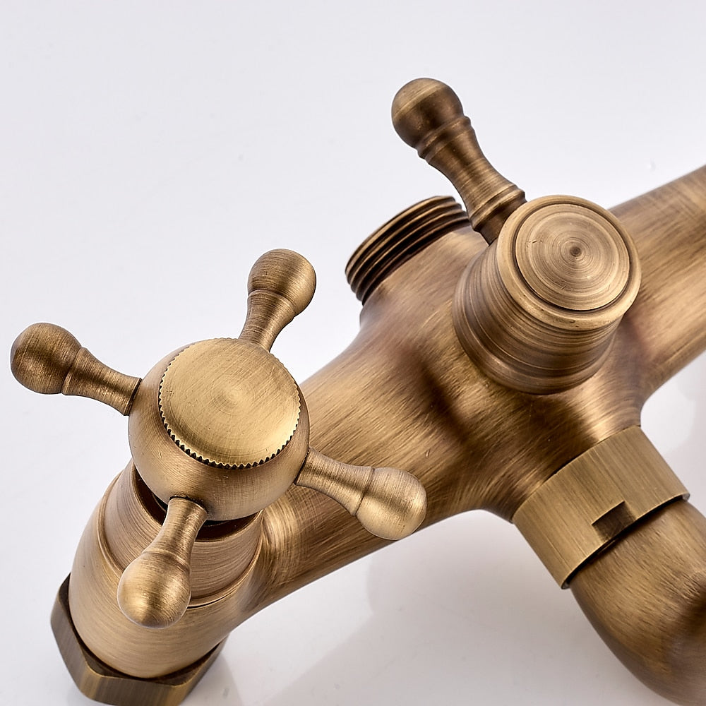 Antique Brass Wall-Mount Bathtub Faucet, Dual-Handle Tub Filler Faucet with Handshower