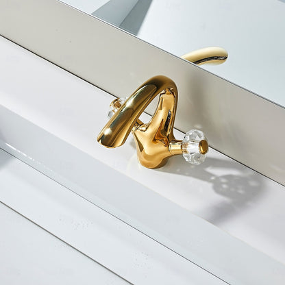 Polished Gold Modern Bathroom Sink Faucet, Single-Hole Dual-Handle Brass Faucet with Crystal Knob Handles
