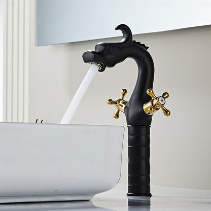 Two-Tone Dragon-Shaped Bathroom Faucet, Single-Hole Vessel Sink Faucet with Dual Cross Handles