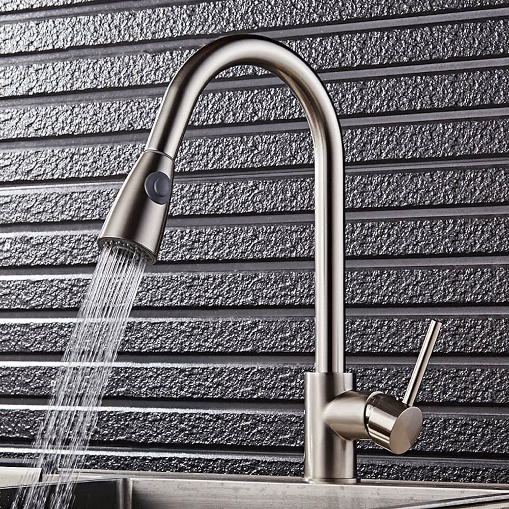 Pull-Down Brushed Nickel Kitchen Faucet, Single-Handle High Arc Faucet