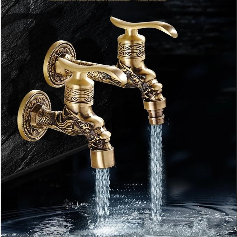 Antique Brass Wall-Mount Garden Faucet, Single-Handle Decorative Spigot Faucet