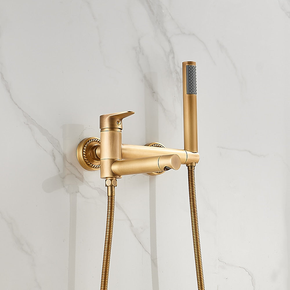 Wall-Mount Bathtub Faucet with Handheld Shower, Vintage Single-Handle Tub Filler, Antique Brass / Rustic Nickel