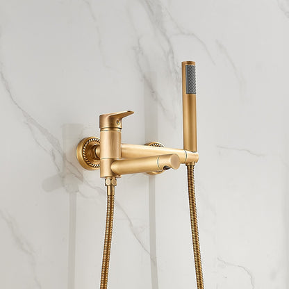 Wall-Mount Bathtub Faucet with Handheld Shower, Vintage Single-Handle Tub Filler, Antique Brass / Rustic Nickel