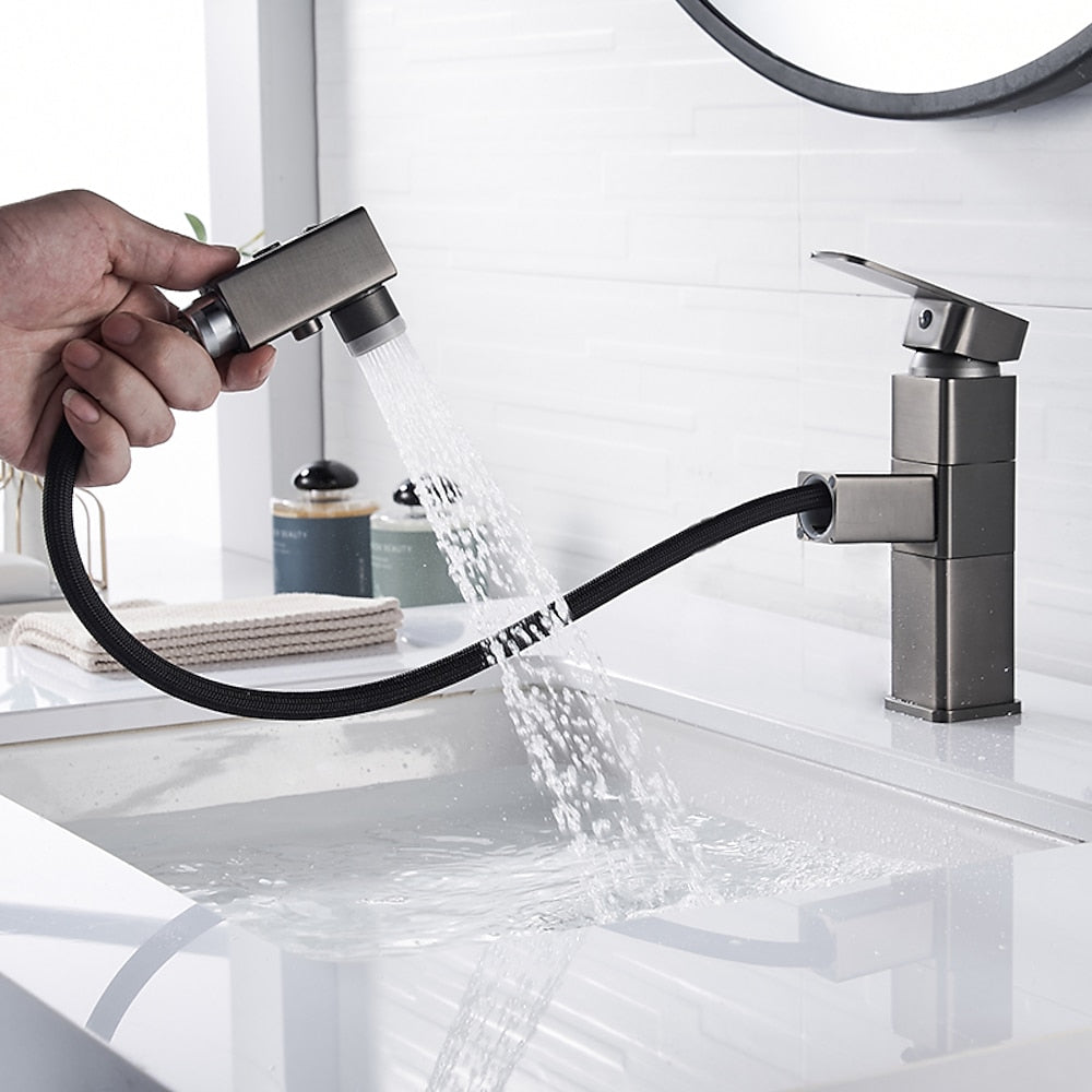 Modern Pull-Out Bathroom Faucet, Single-Hole Swivel Spout Faucet, Matte Black / Chrome / Brushed Nickel / Gunmetal / Matte White