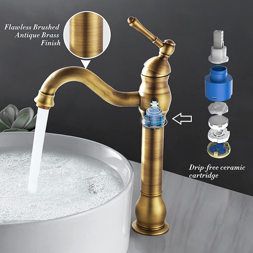 360-Degree Swivel Single-Hole Bathroom Faucet, Single-Handle High Arc Faucet, Antique Brass / Oil-Rubbed Bronze / Brushed Nickel / Chrome