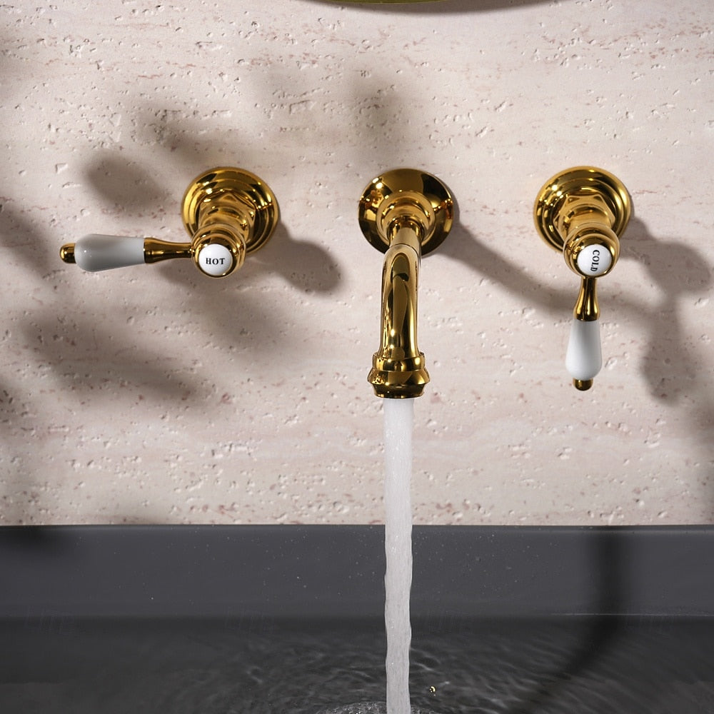 Vintage Wall-Mount Bathroom Faucet, 3-Hole Widespread Dual-Handle Faucet, Polished Gold / Chrome