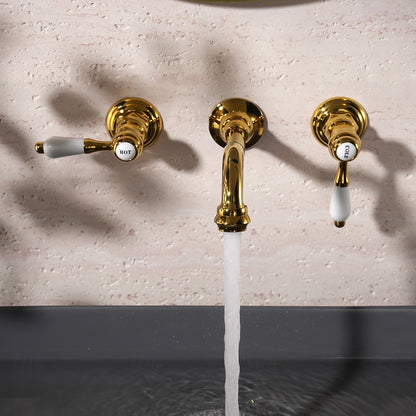 Vintage Wall-Mount Bathroom Faucet, 3-Hole Widespread Dual-Handle Faucet, Polished Gold / Chrome