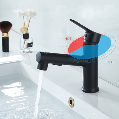 Modern Pull-Out Bathroom Faucet, Single-Handle Fountain Spout Faucet, Matte Black / Chrome