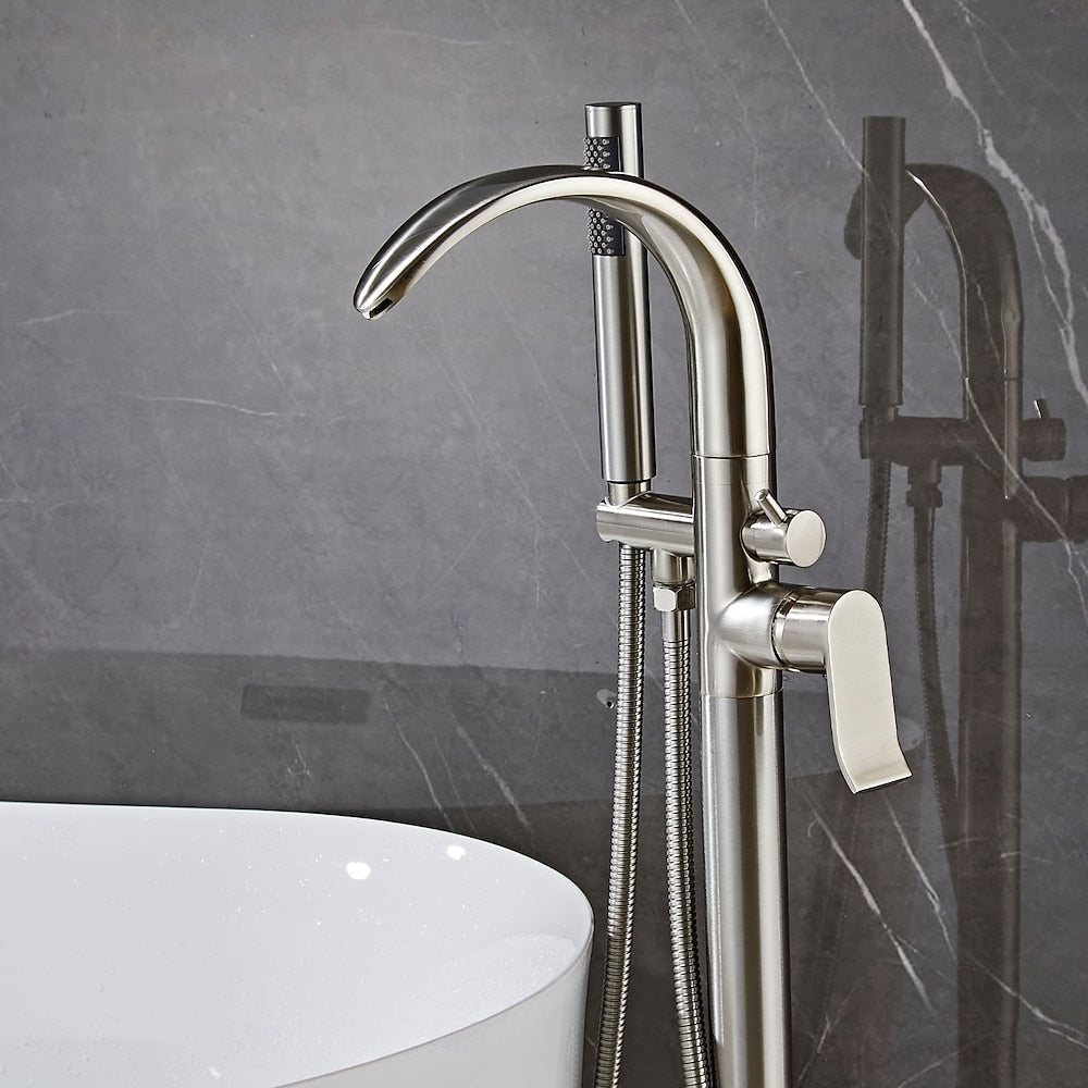 Brushed Nickel Modern Freestanding Tub Filler Faucet, Single-Handle Swivel Spout Faucet with Handheld Shower