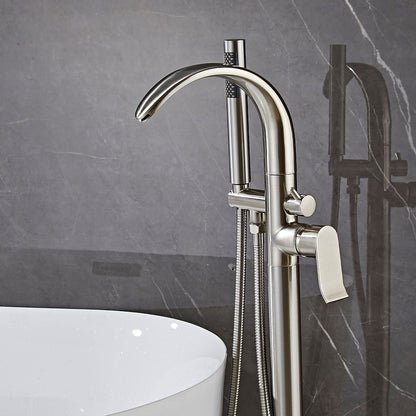 Brushed Nickel Modern Freestanding Tub Filler Faucet, Single-Handle Swivel Spout Faucet with Handheld Shower