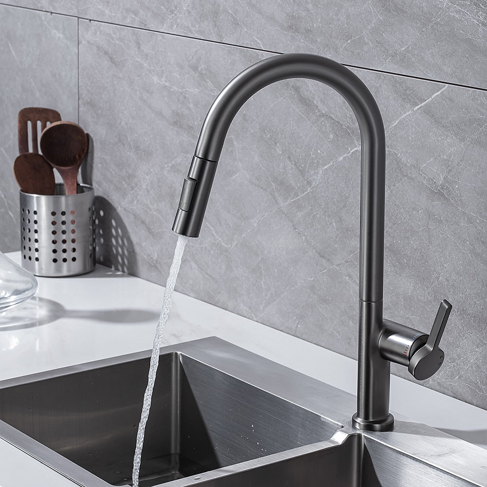 Pull-Down High Arc Kitchen Faucet, Single-Handle Brass Faucet with Dual-Mode Sprayer, Brushed Gold / Chrome / Matte Black / Brushed Nickel / Gunmetal