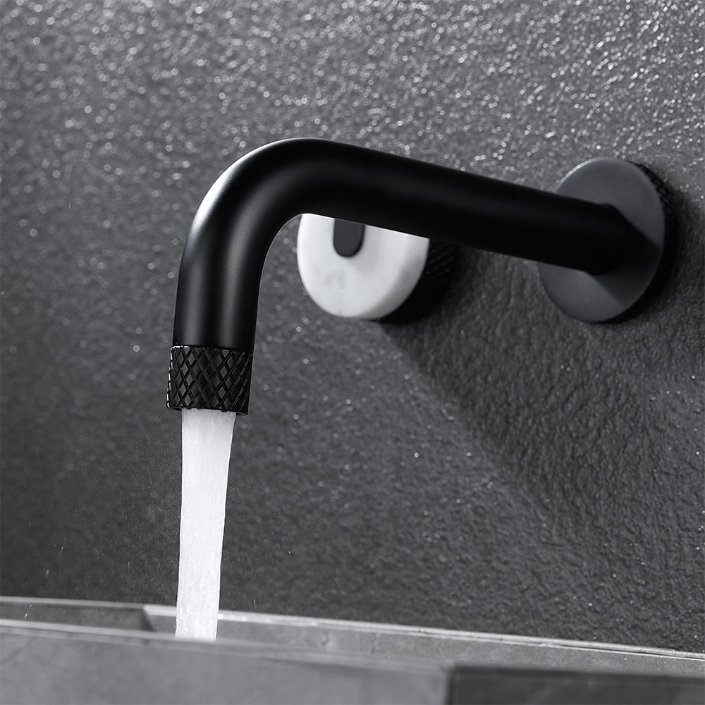 Matte Black Wall-Mount Bathroom Faucet, Rotatable Spout Dual-Handle Faucet with Marble Handles