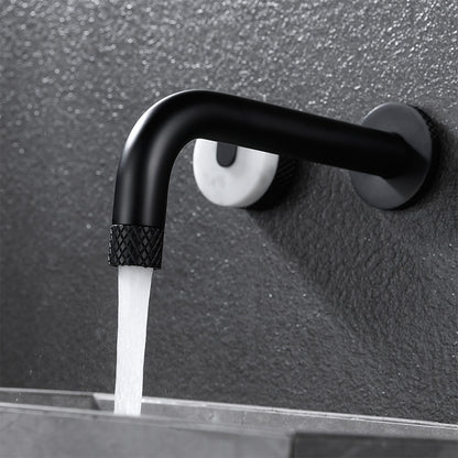 Matte Black Wall-Mount Bathroom Faucet, Rotatable Spout Dual-Handle Faucet with Marble Handles