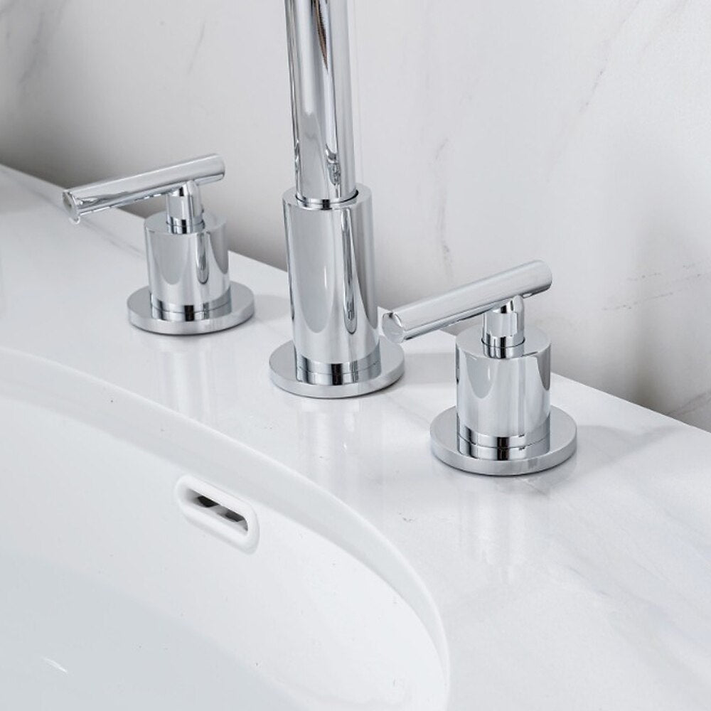 Modern 3-Hole Widespread Bathroom Faucet, Brass Dual-Handle Faucet with 360-Degree Swivel Spout, Chrome / Matte Black / Polished Gold