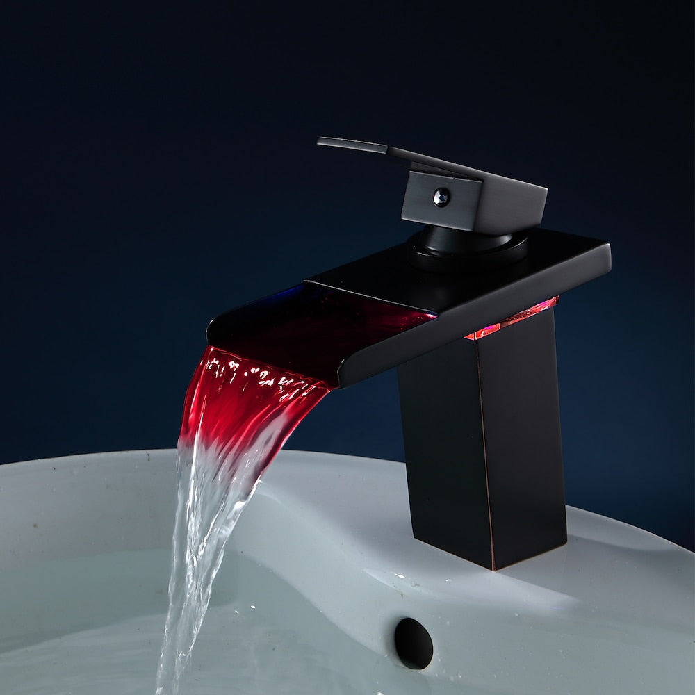 LED Waterfall Single-Hole Bathroom Faucet, Modern Single-Handle Brass Faucet, Chrome / Matte Black / Rose Gold / Polished Gold / Brushed Nickel / Brushed Gold / Matte White