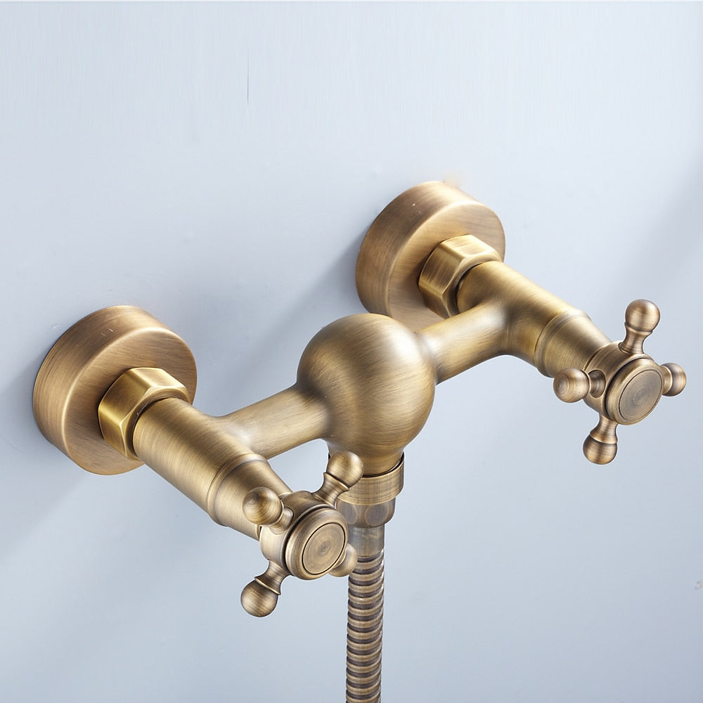 Antique Brass Retro Wall-Mount Shower Faucet, Dual-Handle Brass Faucet with Handheld Shower