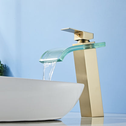 Waterfall Glass Spout Bathroom Faucet, Single-Handle Single-Hole Faucet, Brushed Gold / Chrome / Matte Black / Brushed Nickel