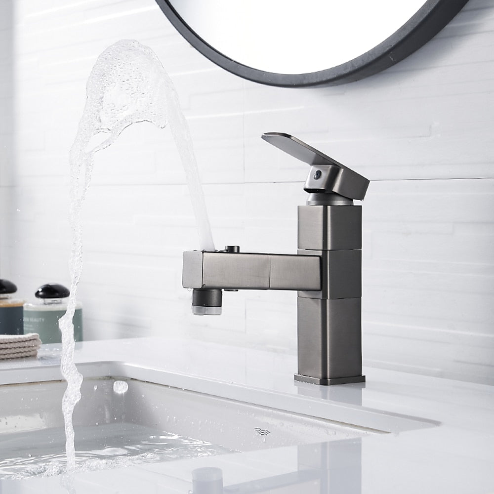 Modern Pull-Out Bathroom Faucet, Single-Hole Swivel Spout Faucet, Matte Black / Chrome / Brushed Nickel / Gunmetal / Matte White
