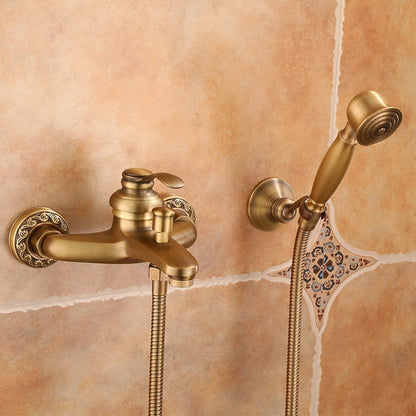 Antique Brass Wall-Mount Tub Faucet, Single-Handle Bath Shower Mixer Tap with Handheld Shower