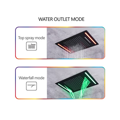 Matte Black LED Thermostatic Waterfall Shower System, Ceiling-Mounted Rainfall Shower Faucet Set with Handheld Shower