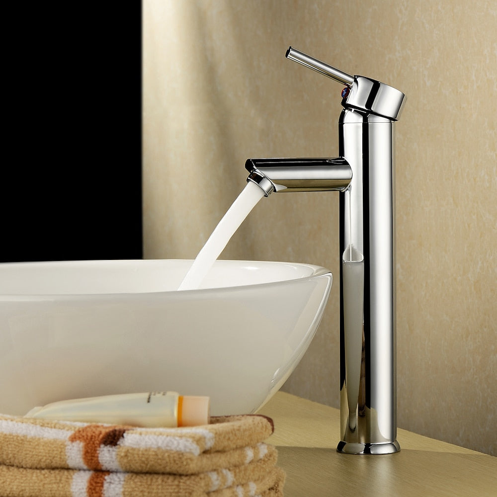 Chrome Modern Single-Hole Vessel Bathroom Faucet, Single-Handle Brass Faucet