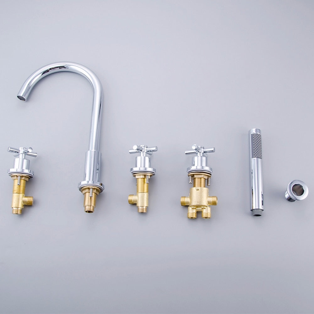 Chrome 5-Hole Deck-Mount Tub Filler Faucet, 3-Handle Brass Tub Faucet with Handheld Shower