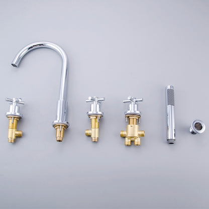 Chrome 5-Hole Deck-Mount Tub Filler Faucet, 3-Handle Brass Tub Faucet with Handheld Shower