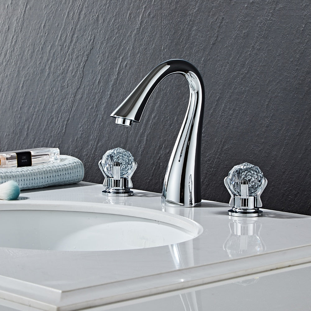 Crystal Knob Handle Widespread Bathroom Faucet, Modern Dual-Handle 3-Hole Faucet, Polished Gold / Chrome / Brushed Nickel
