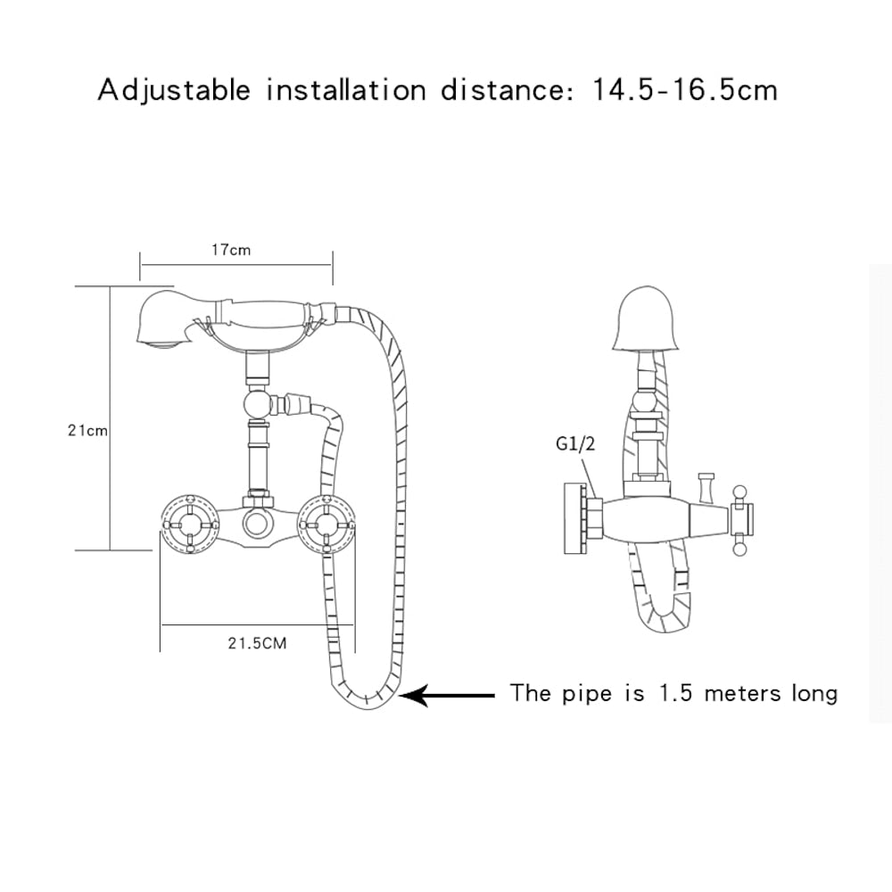 Antique Brass Wall-Mount Tub Filler Faucet, Double Cross Handle Telephone Bath Mixer Tap with Handheld Shower