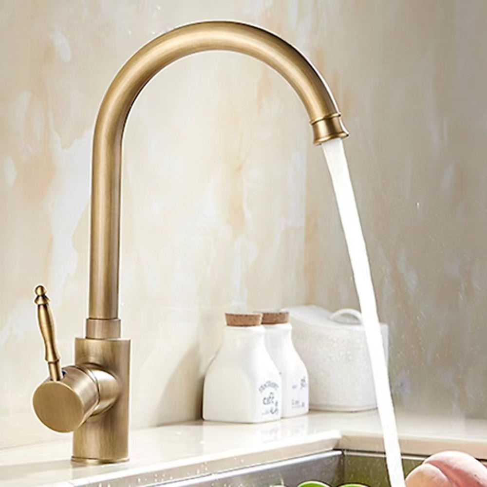 Antique Brass Retro Kitchen Faucet, Single-Handle Swivel Spout Faucet