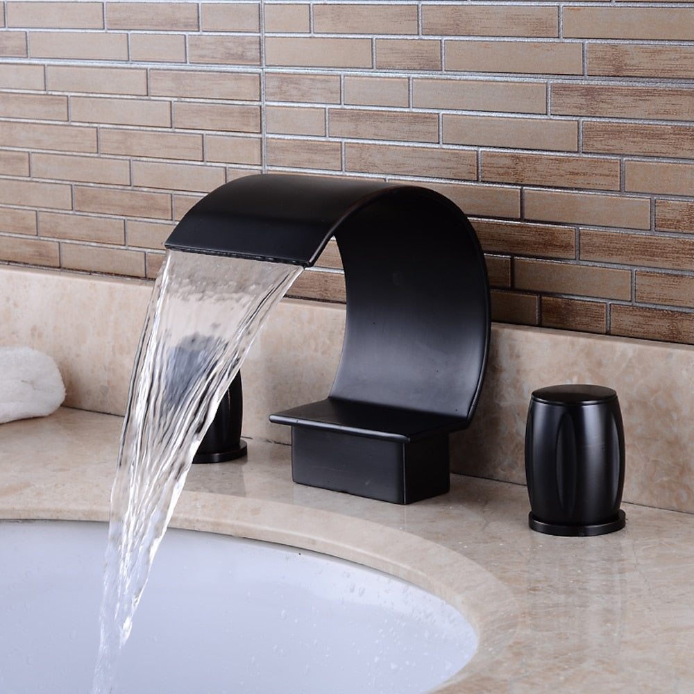Waterfall Modern Bathroom Faucet, 3-Hole Widespread Dual-Handle Brass Faucet, Chrome / Matte Black / Brushed Nickel / Polished Gold