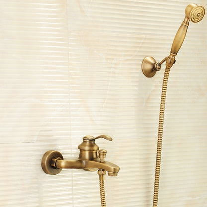 Antique Brass Wall-Mount Tub Faucet, Single-Handle Brass Tub Filler Faucet with Hand Shower