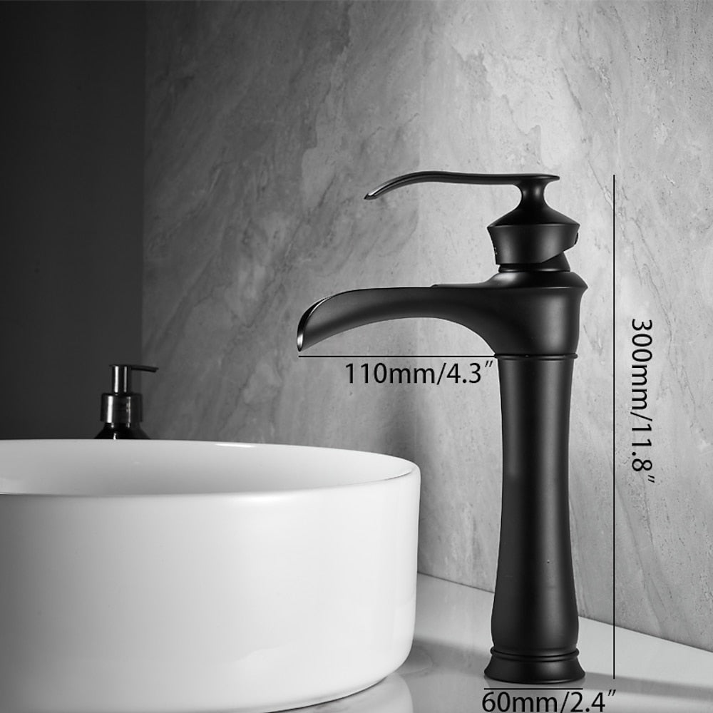 Matte Black Waterfall Vessel Bathroom Faucet, Single-Handle Single-Hole Basin Faucet