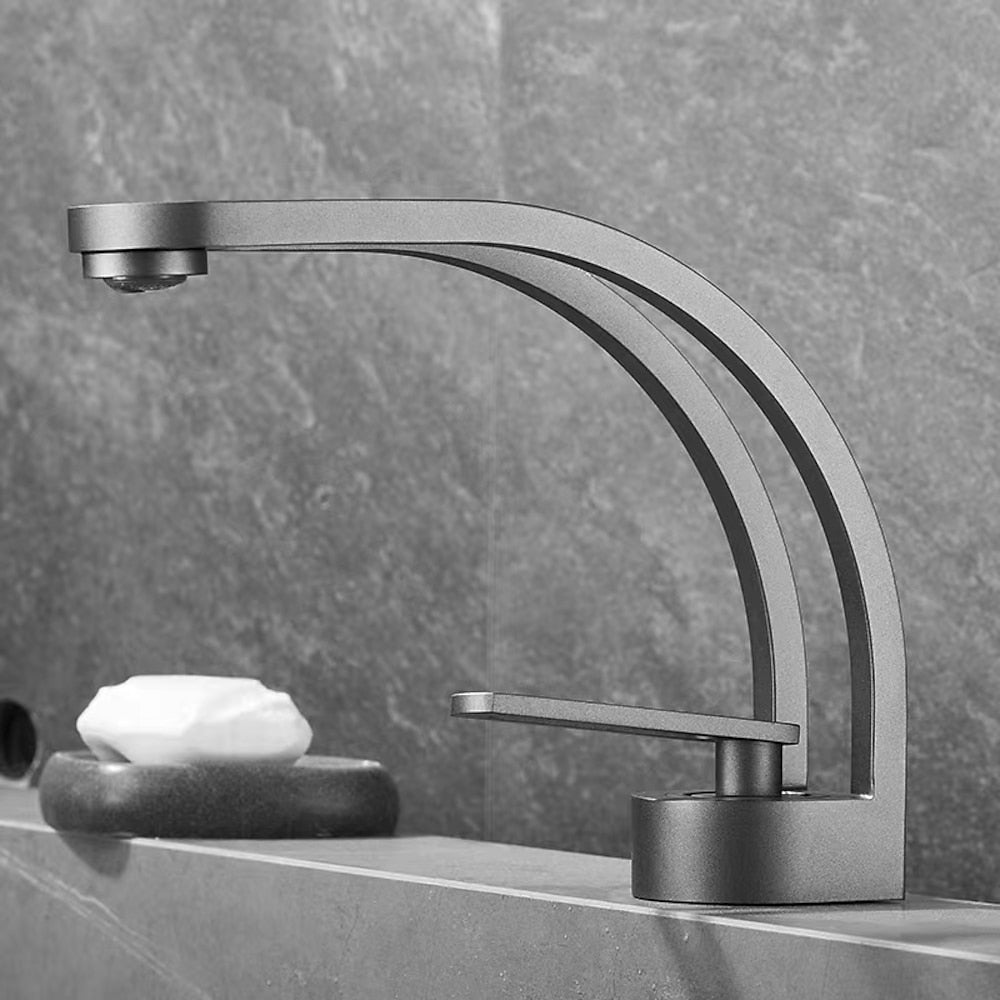 Modern Single-Hole Bathroom Faucet, Single-Handle High Arc Faucet, Matte Black / Chrome / Brushed Gold / Matte White / Gunmetal / Two-Tone