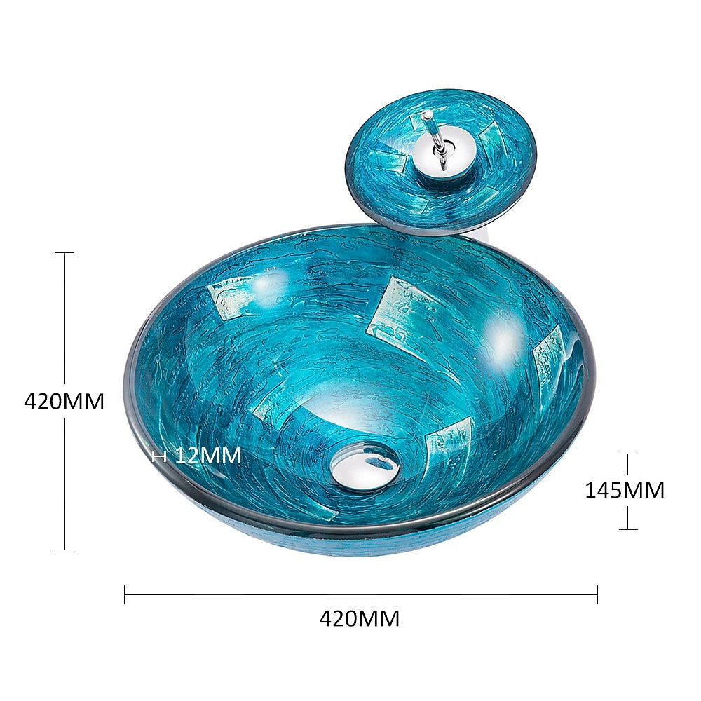 Blue Tempered Glass Round Vessel Sink with Chrome Waterfall Faucet, Single-Handle Bathroom Faucet Combo with Pop-Up Drain