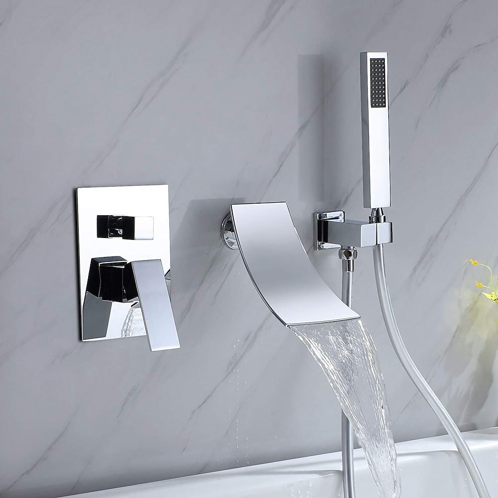 Chrome Wall-Mounted Waterfall Tub Faucet, Single-Handle Brass Faucet with Handheld Shower