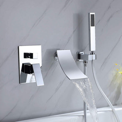 Chrome Wall-Mounted Waterfall Tub Faucet, Single-Handle Brass Faucet with Handheld Shower