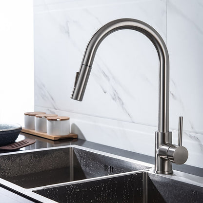 Modern Pull-Down Kitchen Faucet, Single-Handle Swivel Spout Faucet, Matte Black / Brushed Gold / Brushed Nickel / Chrome / Gunmetal