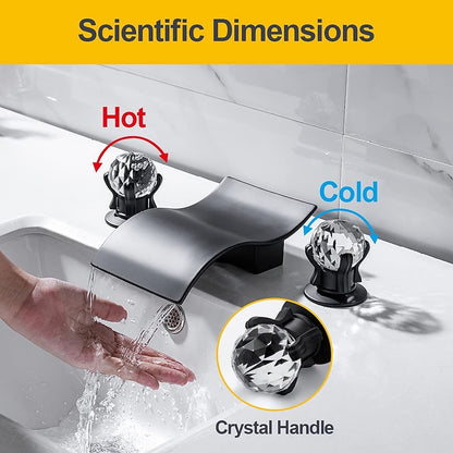 Waterfall Brass Bathroom Faucet, 3-Hole Widespread Faucet with Crystal Knob Handles, Matte Black / Chrome